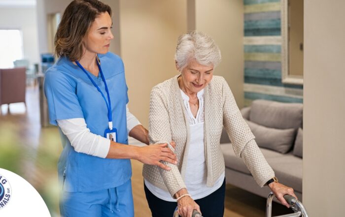 A professional caregiver helps an older client with a walker get around.