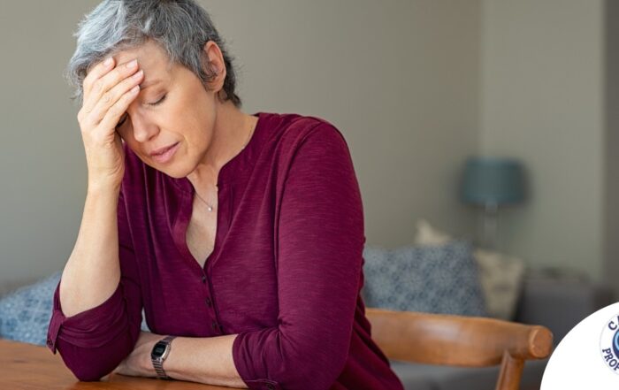 A woman holds her head in her hand, representing the stress that new family caregivers go through.