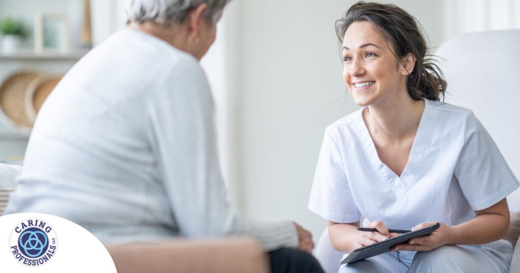 A woman smiles while with a client representing the pros of the home care industry.