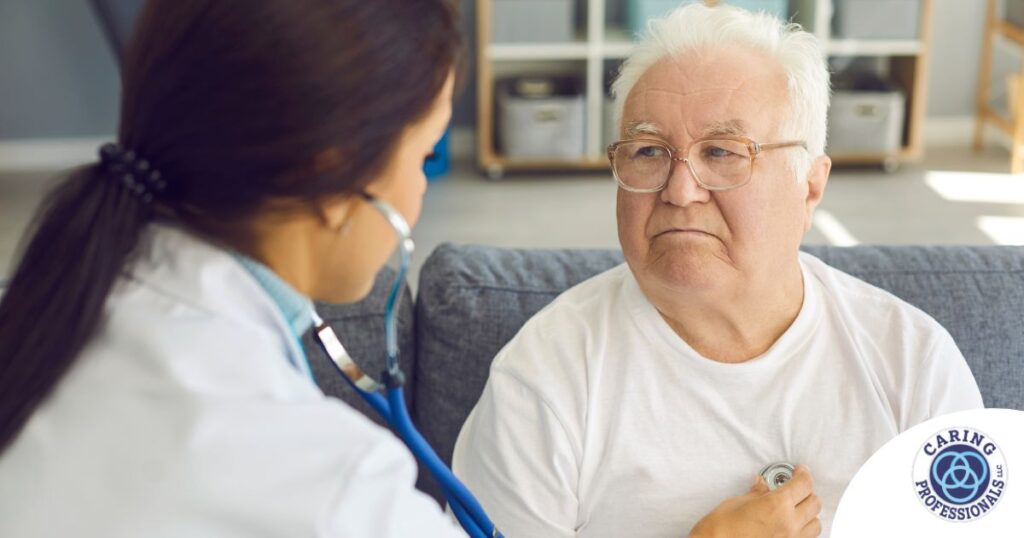 A doctor examines an older man with a stethoscope, representing pneumonia in elderly adults.