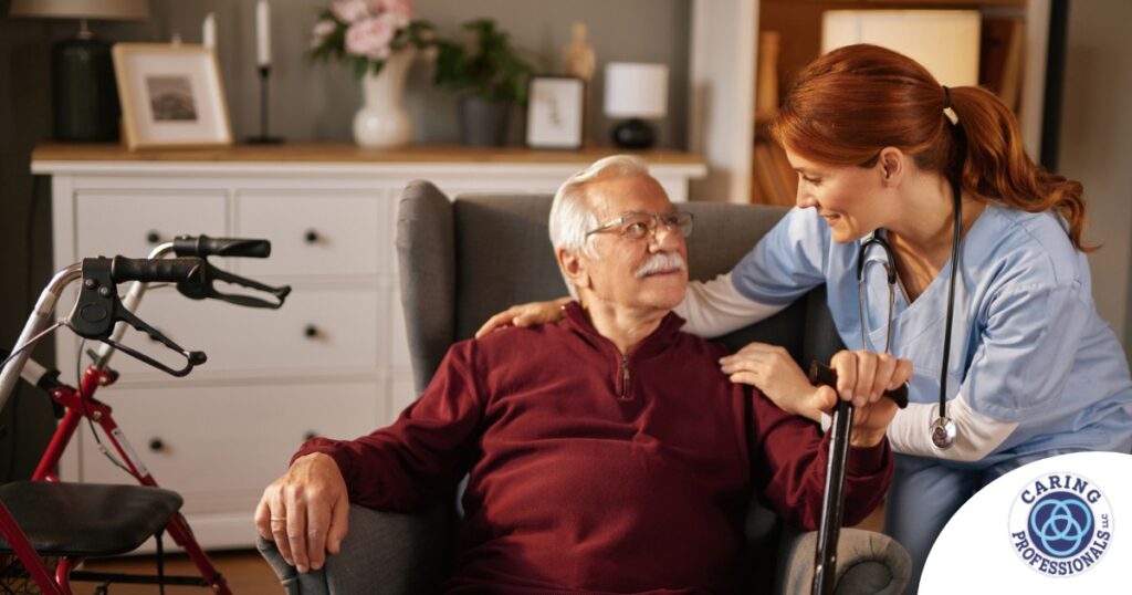 A caregiver helping a woman with a walker make her senior home safer.
