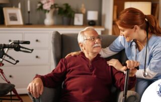 A caregiver helping a woman with a walker make her senior home safer.